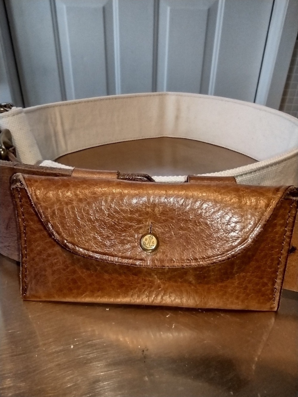 Ralph Lauren Purple Label Brown Leather Waist Belt Bag with Cream Canvas Strap
